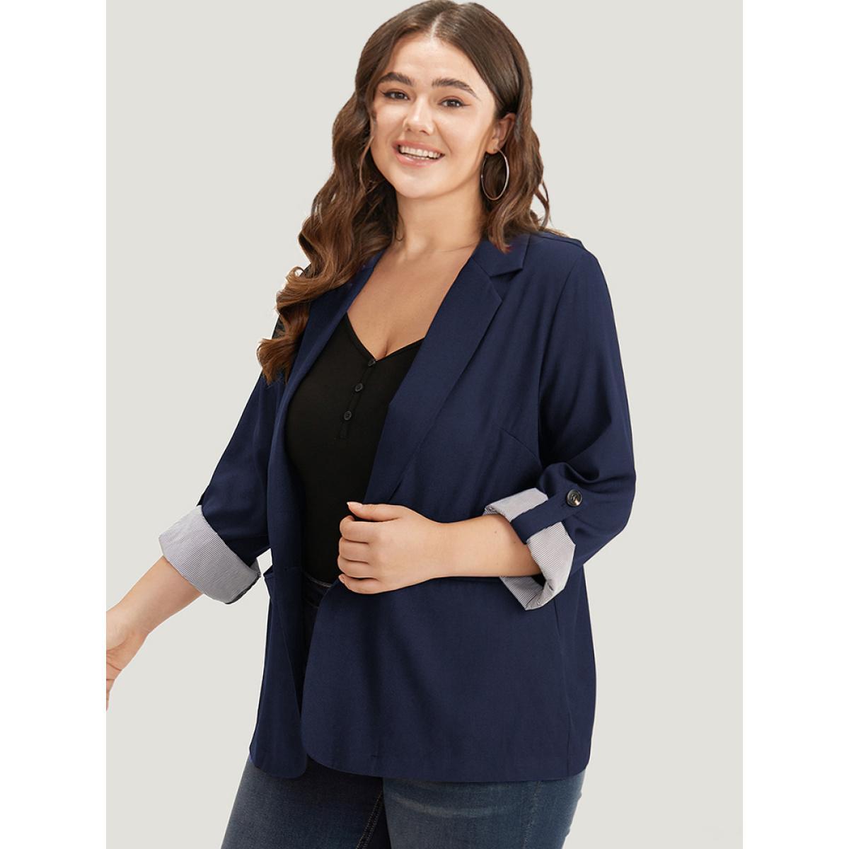 Plus Size Contrast Suit Collar Button Up Pocket Tab Sleeve Blazer Indigo Women Work Plain Contrast Sleeve Long Sleeve Lapel Collar 14-16/1X Pocket Office Blazers BloomChic Product Image