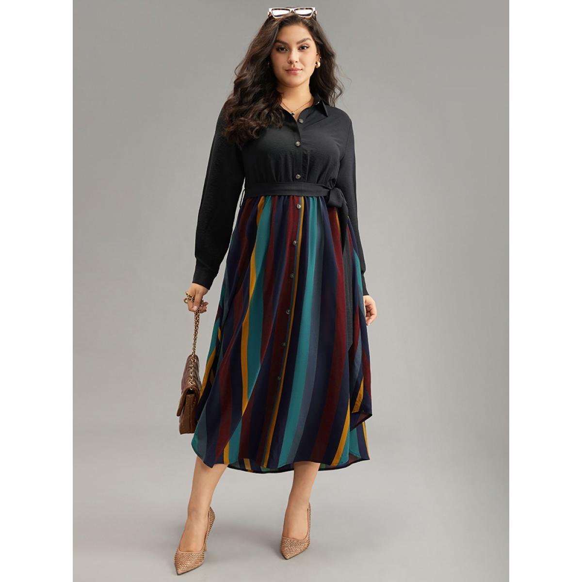 Plus Size Colour Striped Patchwork Belted Button Through Dress Scarlet Women Office Belted Shirt collar Long Sleeve Curvy Midi Dress BloomChic 26/4X Product Image