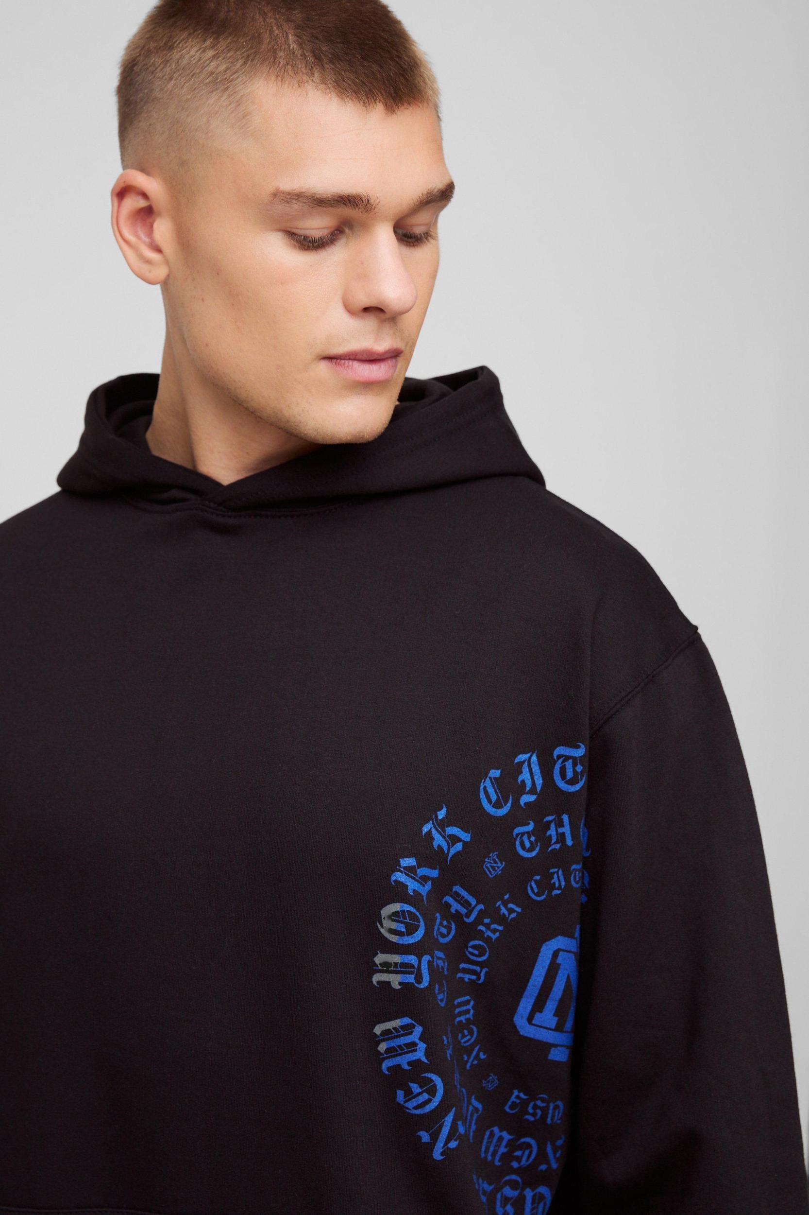 Oversized Gothic Text Over Seams Graphic Hoodie | boohooMAN USA Product Image