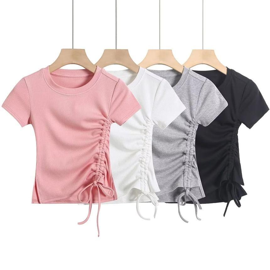 Short Sleeve Plain Drawstring Slim-Fit Crop Top Product Image