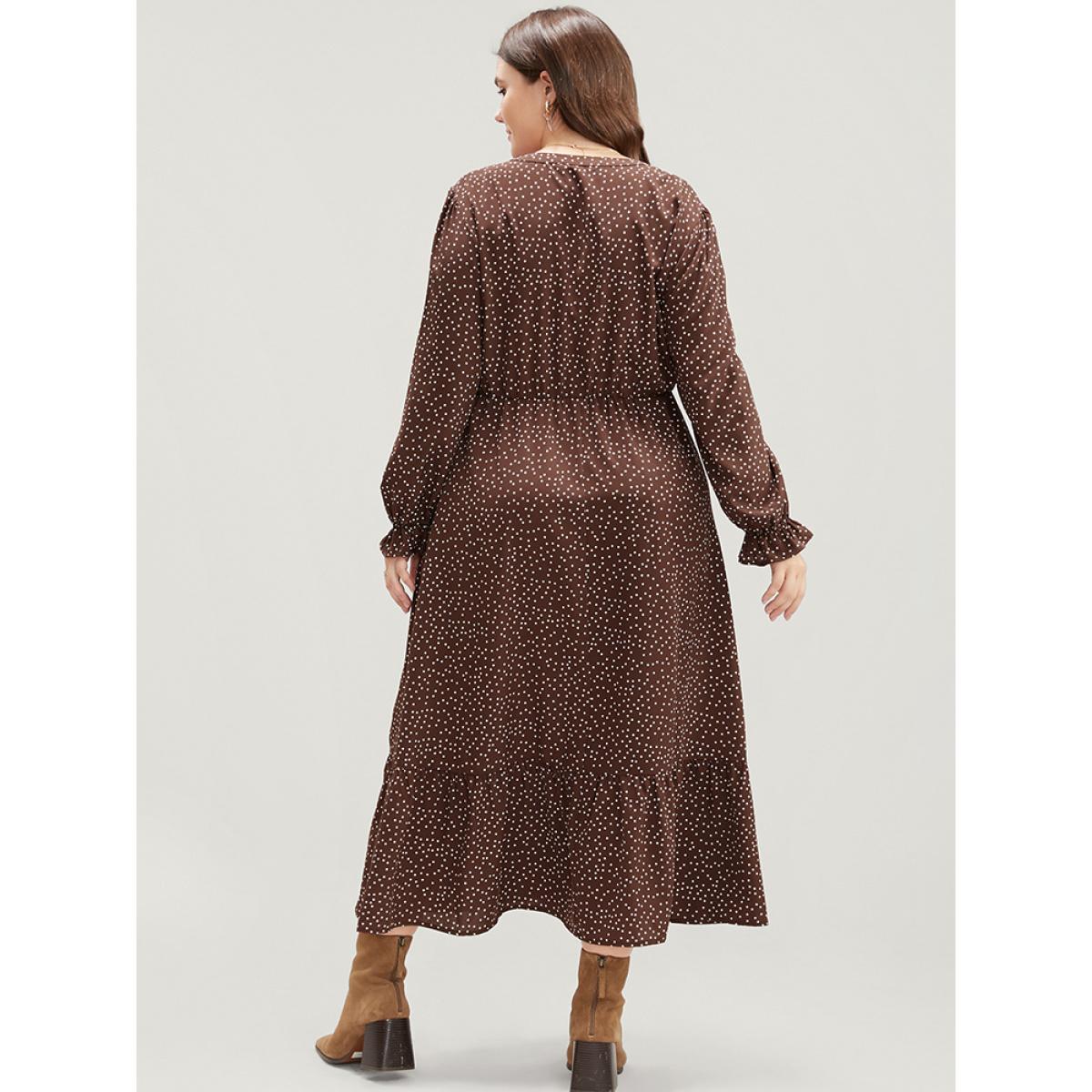 Plus Size Polka Dot Pocket Lantern Sleeve Flutter Hem Dress DarkBrown Women Elegant Pocket V-neck Long Sleeve Curvy Midi Dress BloomChic 14-16/1X Product Image