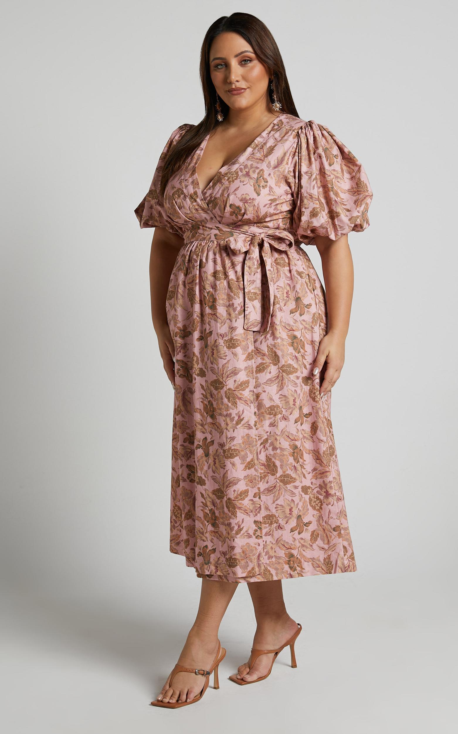 Amalie The Label - Franc Linen Puff Sleeve Wrap Midi Linen Dress in Vahala Print Product Image