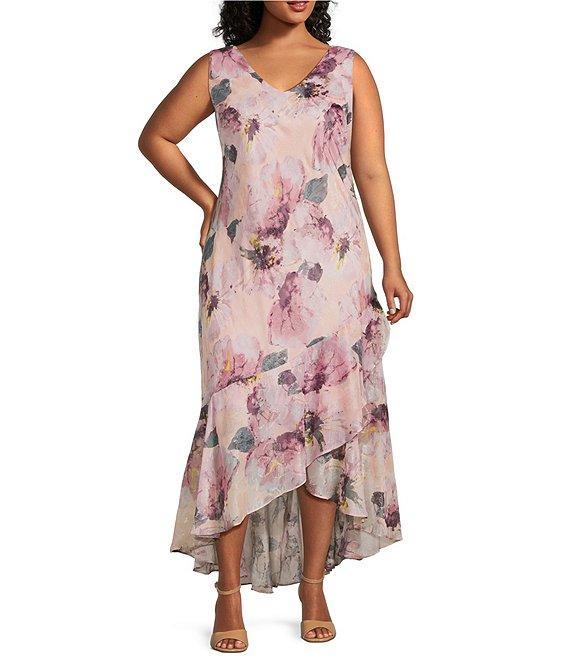 R & M Richards Plus Size Floral Print Chiffon Bolero 3/4 Sleeve Asymmetrical Ruffle Hem 2-Piece Jacket Dress Product Image