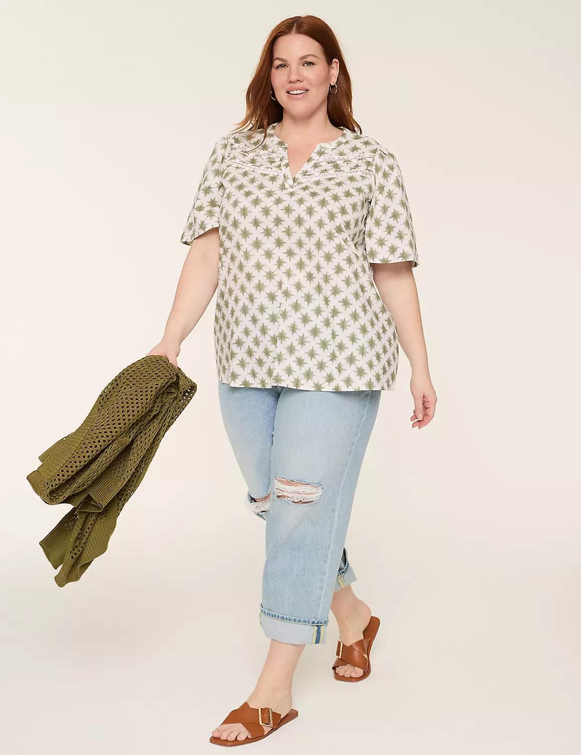 Poplin & Knit Notch-Neck Trim Top Product Image