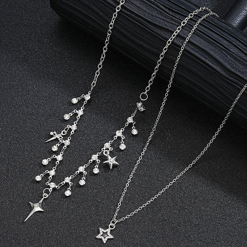 Set of 2: Star Pendant Alloy Necklace + Star Rhinestone Fringed Alloy Necklace Product Image