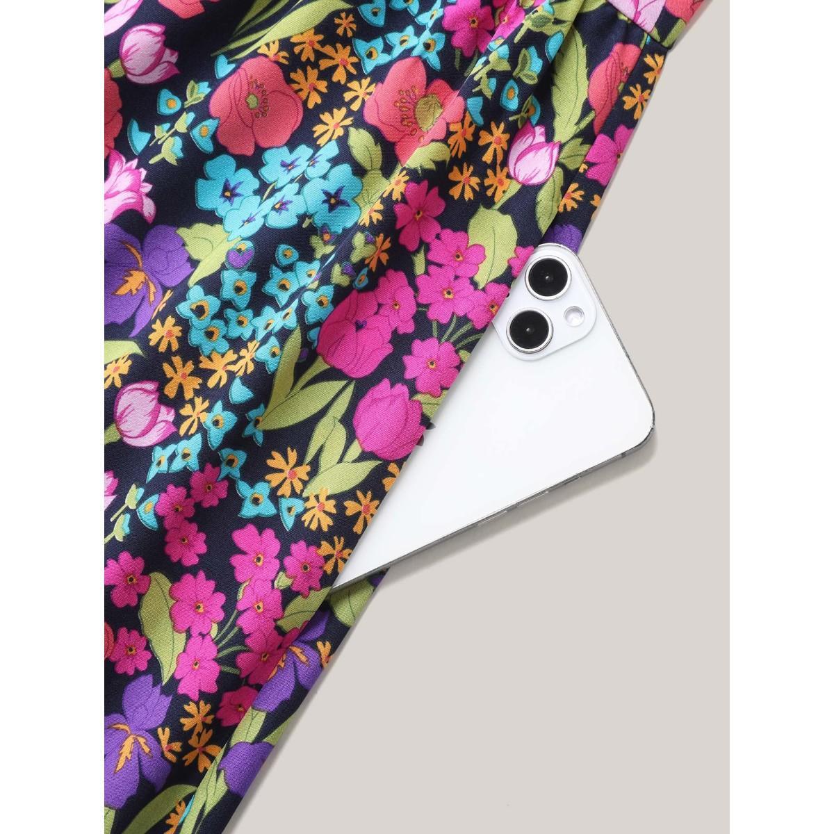 Plus Size Floral Print Shirred Pockets Midi Dress Indigo Women Romantic Frill Trim Mock Neck Cap Sleeve Curvy BloomChic 28/5X Product Image