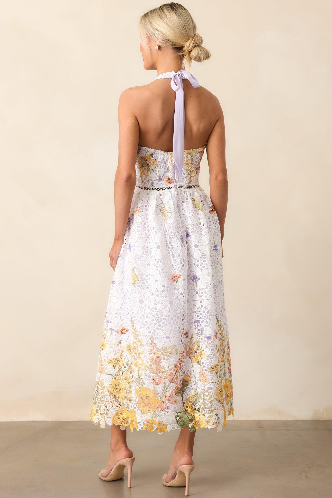 Twirl Me Lavender Floral Embroidered Halter Midi Dress Product Image