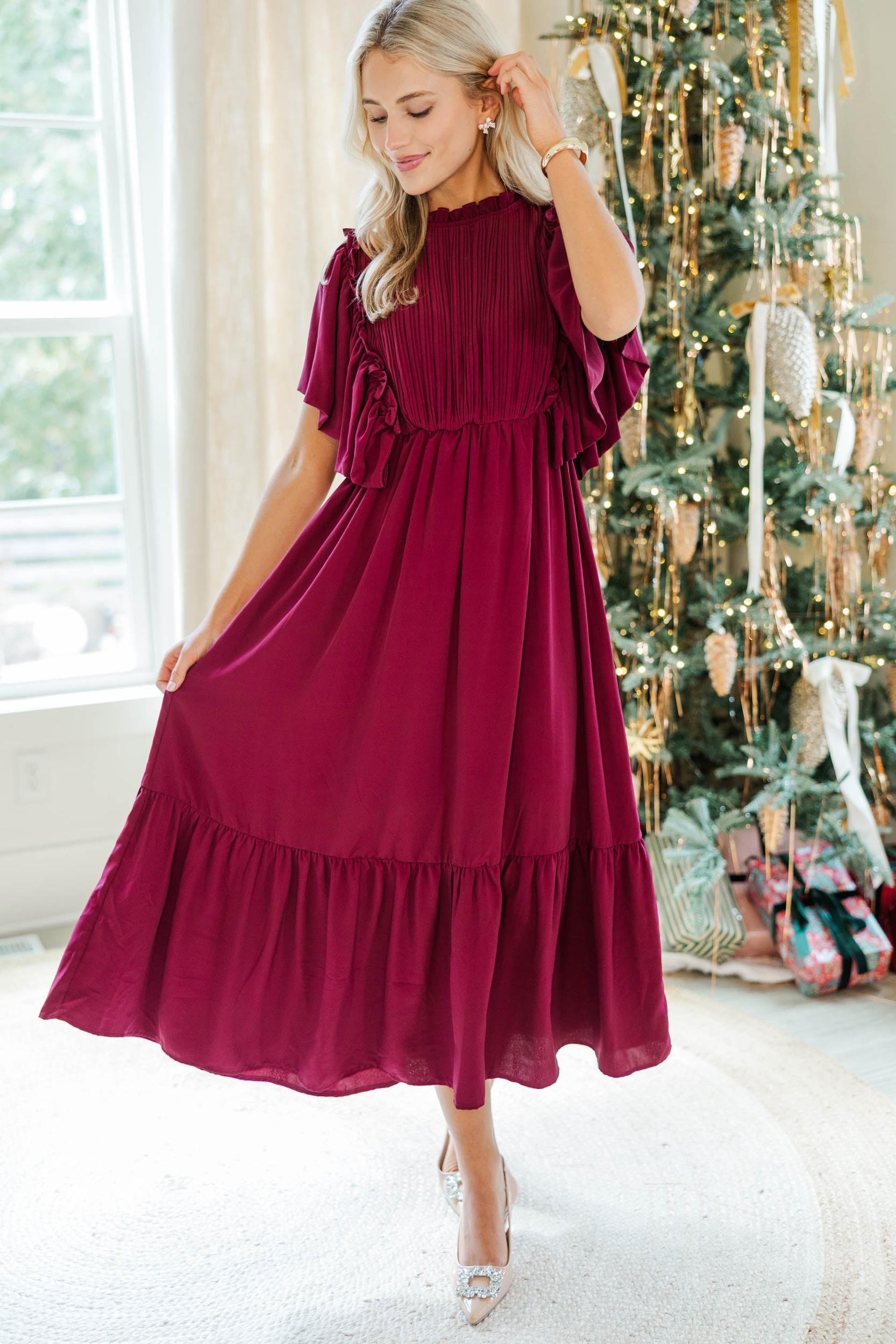 All The Good Burgundy Red Ruffled Midi Dress Female Product Image