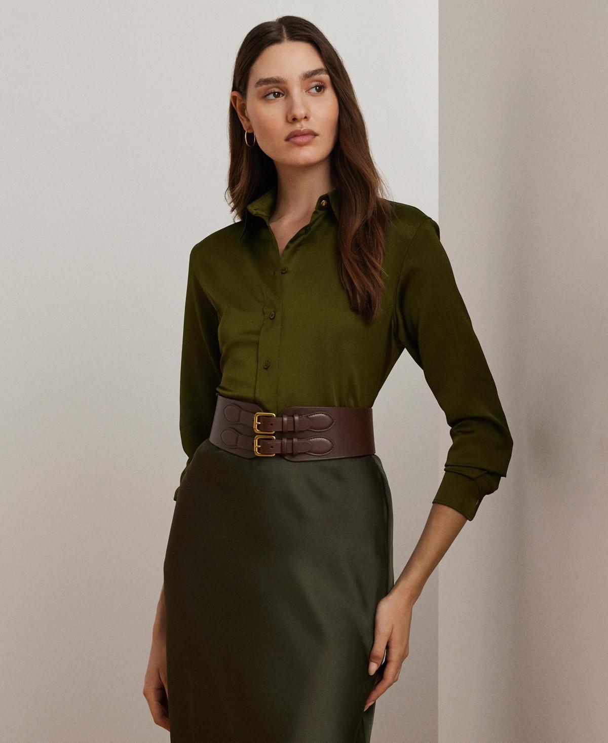 Lauren Ralph Lauren Classic Fit Satin Charmeuse Shirt (Botanic Green) Women's Clothing Product Image