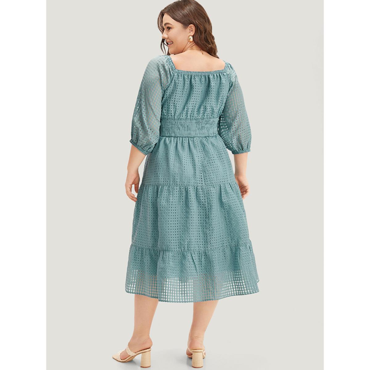 Plus Size Plain Gathered Texture Shirred Pocket Lantern Sleeve Dress Cerulean Women Elegant Elastic cuffs Square Neck Elbow-length sleeve Curvy Midi Dress BloomChic 30/6X Product Image