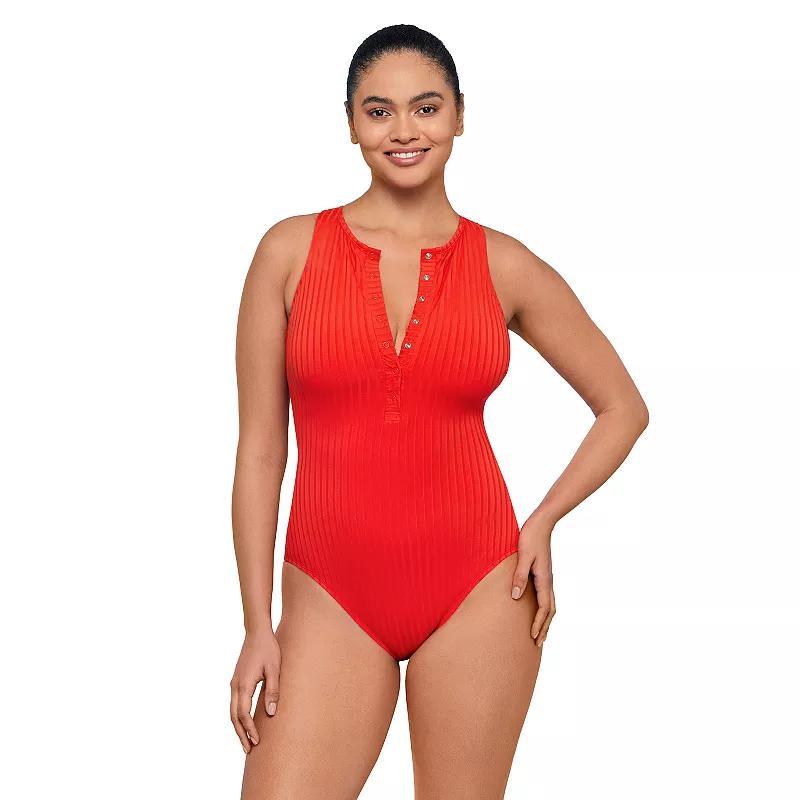 Womens S3 Swim Smoothing Ribbed High Neck Snap Front One Piece Swimsuit, Womens Red Product Image