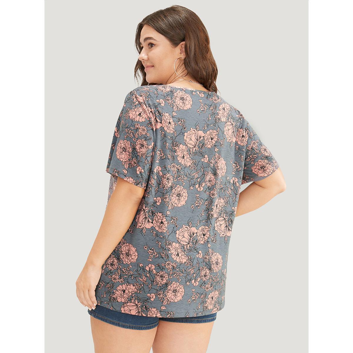 Plus Size Floral Print Mesh Insert Flutter Sleeve T-shirt Gray Women Elegant See through Floral V-neck Dailywear T-shirts BloomChic 22-24/3X Product Image
