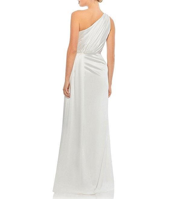 Mac Duggal Sleeveless Pleated One Shoulder Thigh High Slit Satin A-Line Gown Product Image