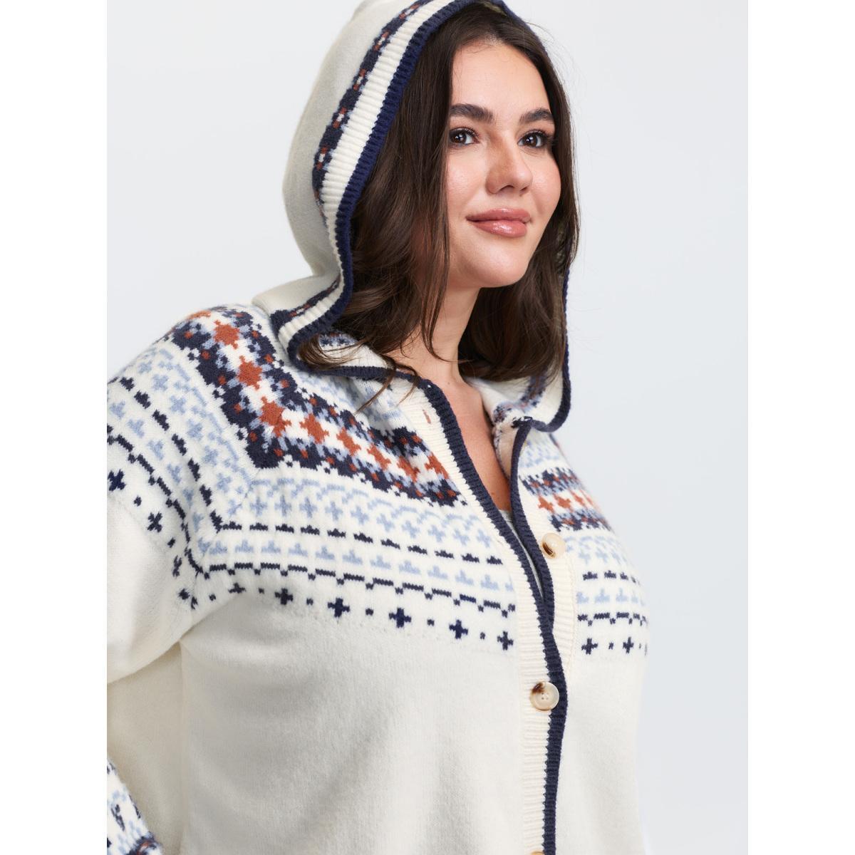 Plus Size Hooded Jacquard Pattern Button Knit Cardigan Ivory Women Leisure Loose Long Sleeve Casual Cardigans BloomChic 26/4X Product Image