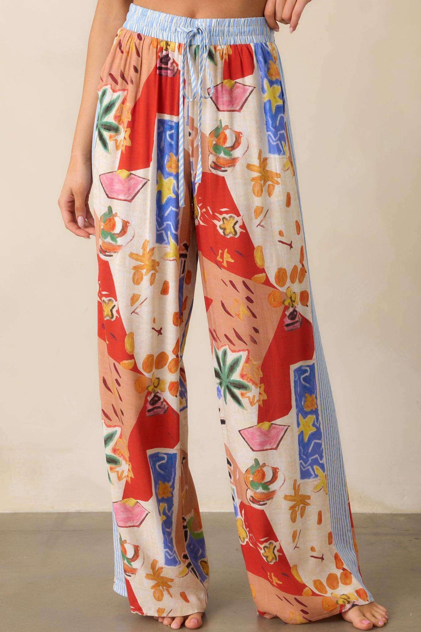 Coral Cove Red Multi Tropical Print Wide Leg Pants Product Image