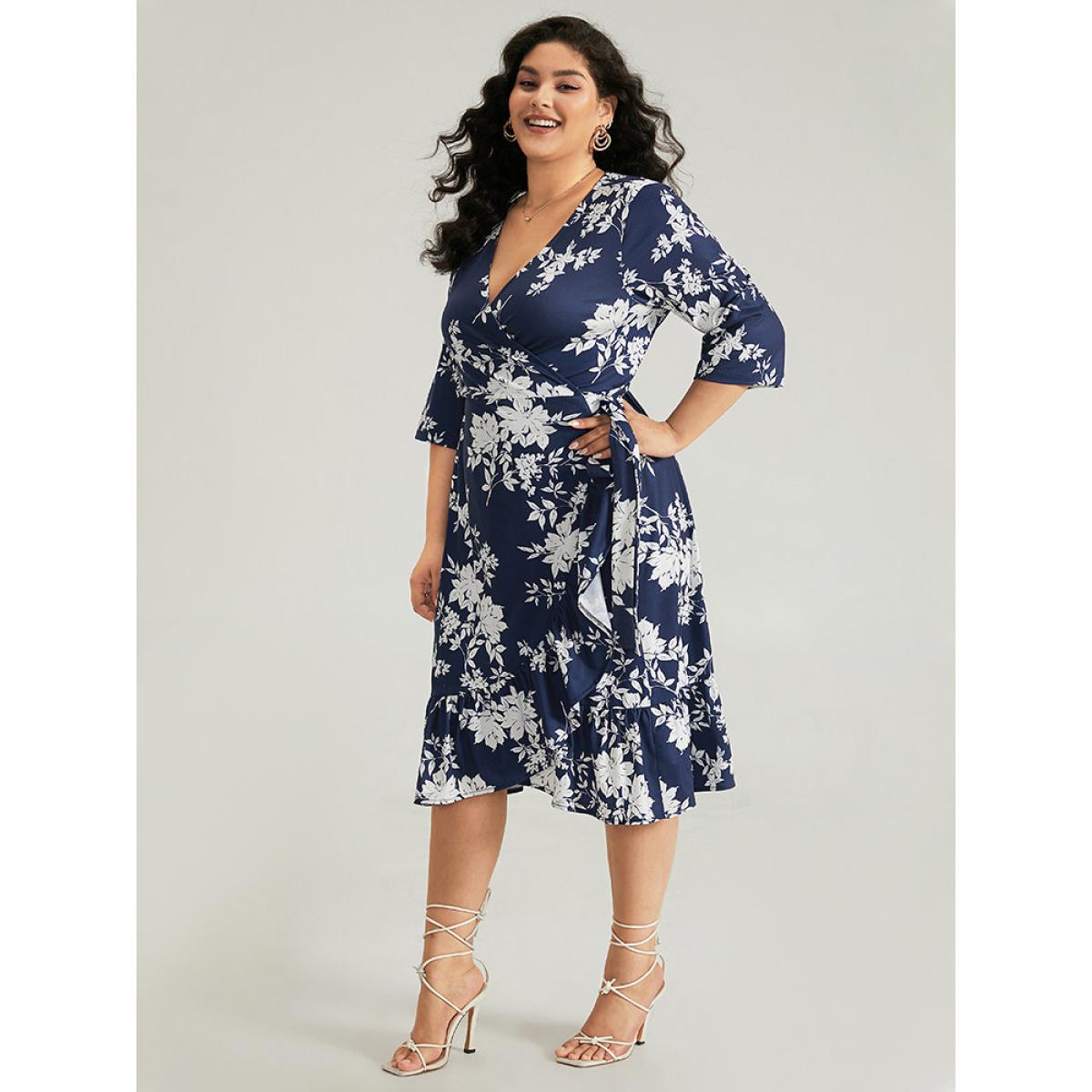 Plus Size Silhouette Floral Print Ties Wrap Dress Indigo Women Elegant Cross straps V-neck Elbow-length sleeve Curvy Midi Dress BloomChic 26/4X Product Image
