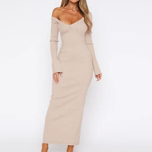 Long-Sleeve Off-Shoulder Plain Button Accent Slit Maxi Bodycon Dress Product Image