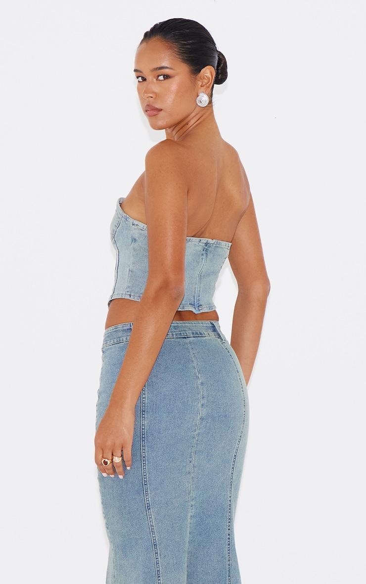 Light Blue Vintage Wash Seam Detail Denim Corset Top Product Image