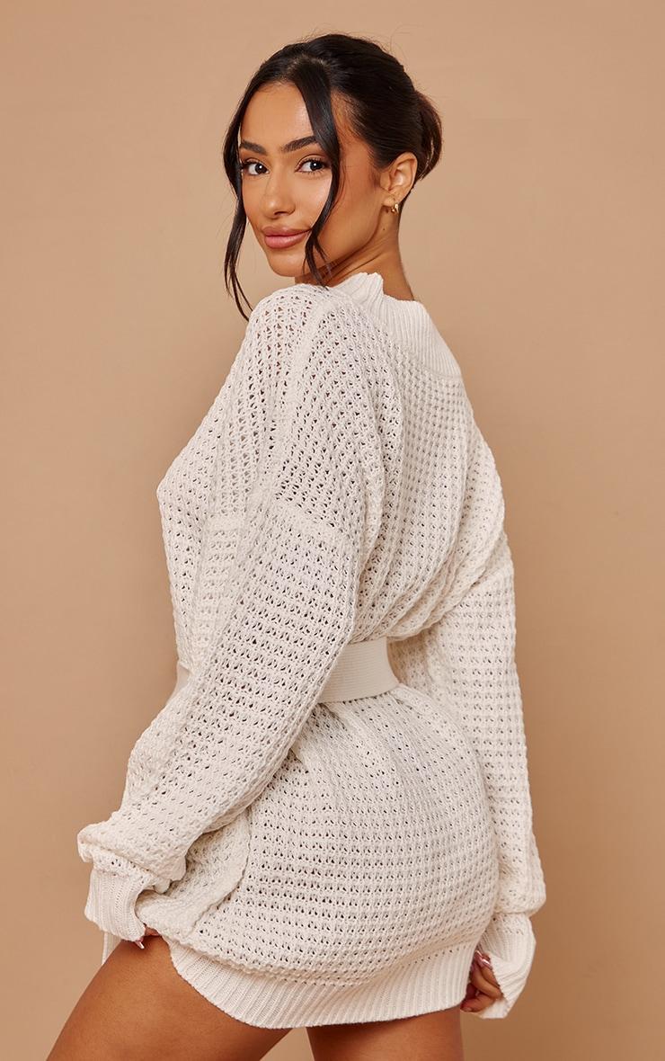 Petite Cream Soft Touch Belted Knit Sweater Dress Product Image