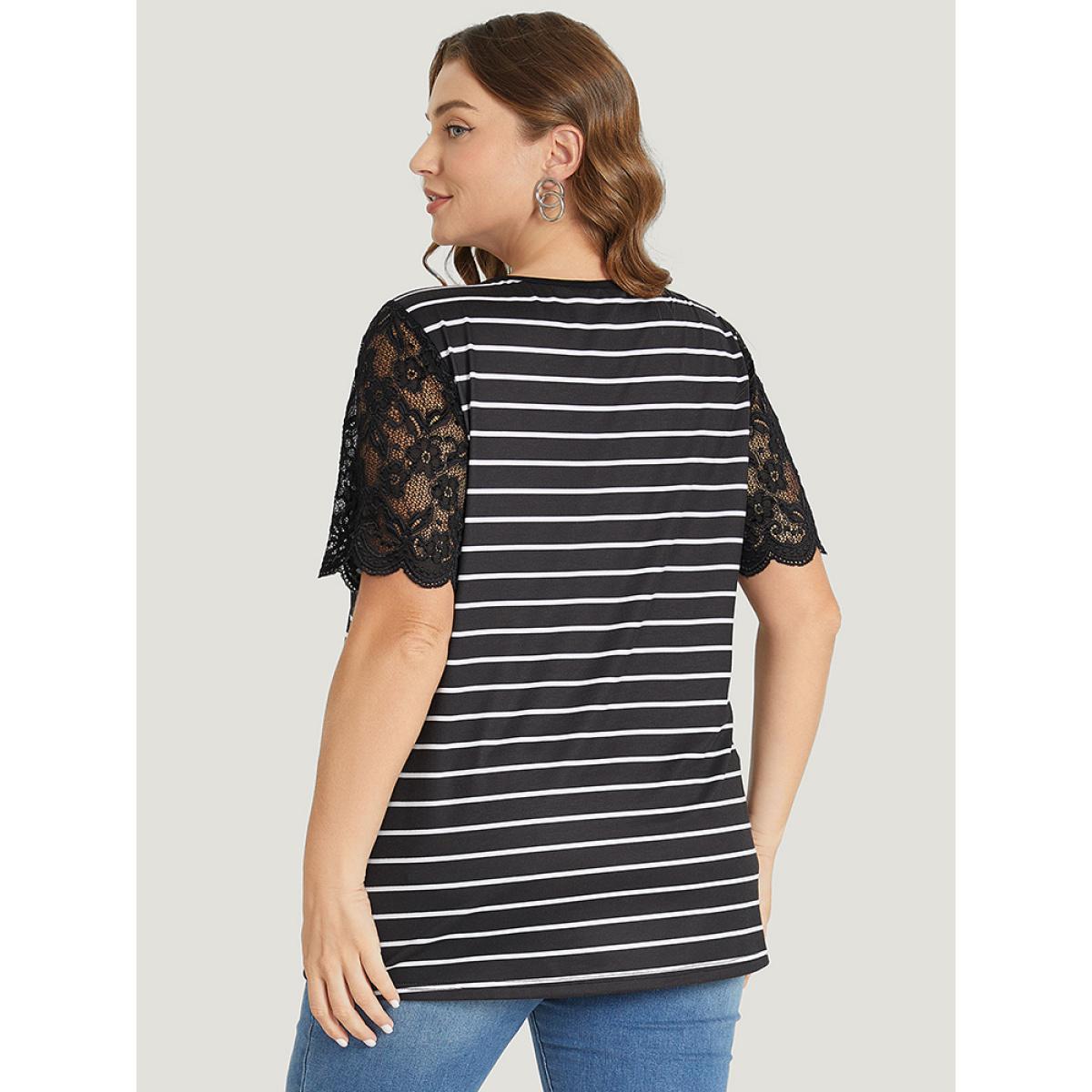 Plus Size Striped Patchwork Lace Scalloped Trim T-shirt Black Women Elegant Contrast Striped Round Neck Dailywear T-shirts BloomChic 26/4X Product Image