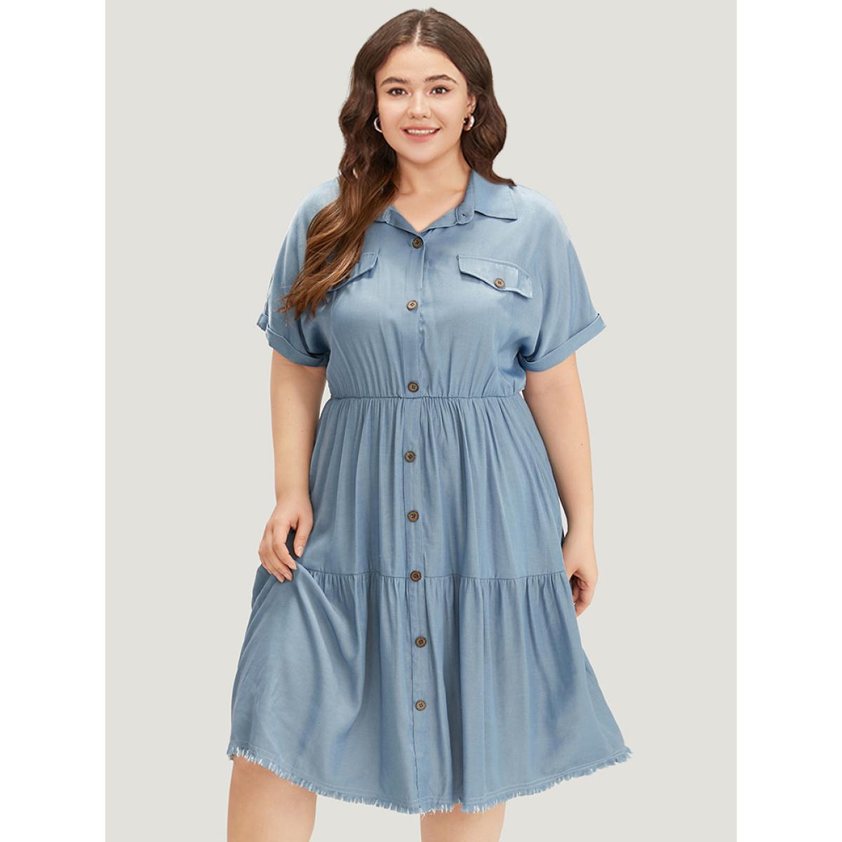 Plus Size Plain Pocket Button Detail Gathered Roll Dolman Sleeve Dress Stone Women Casual Gathered Shirt collar Short sleeve Curvy Midi Dress BloomChic 30/6X Product Image