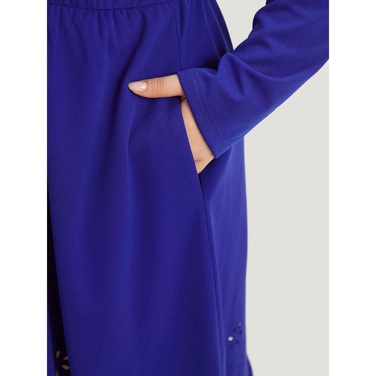 Plus Size Plain Laser Cut Gathered Square Neck Dress DarkBlue Women Elegant Plain Square Neck Long Sleeve Curvy Midi Dress BloomChic 22-24/3X Product Image