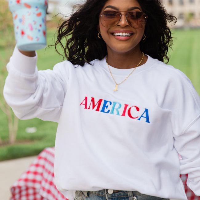 America Multi Embroidery White Oversized Graphic Sweatshirt FINAL SALE Product Image