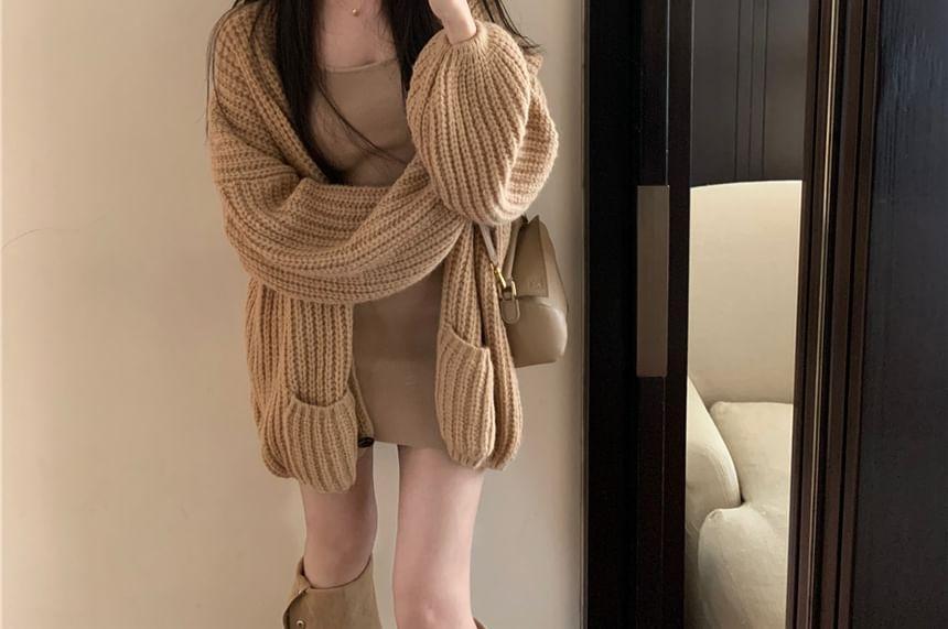 Spaghetti Strap Scoop Neck Plain Mini Sheath Dress / V-Neck Chunky Knit Button-Up Cardigan Product Image