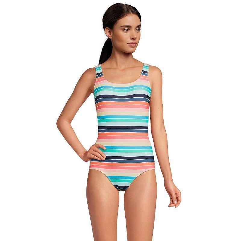 Womens Lands End Tugless Sporty UPF 50 One-Piece Swimsuit Blue Adorn Floral Product Image