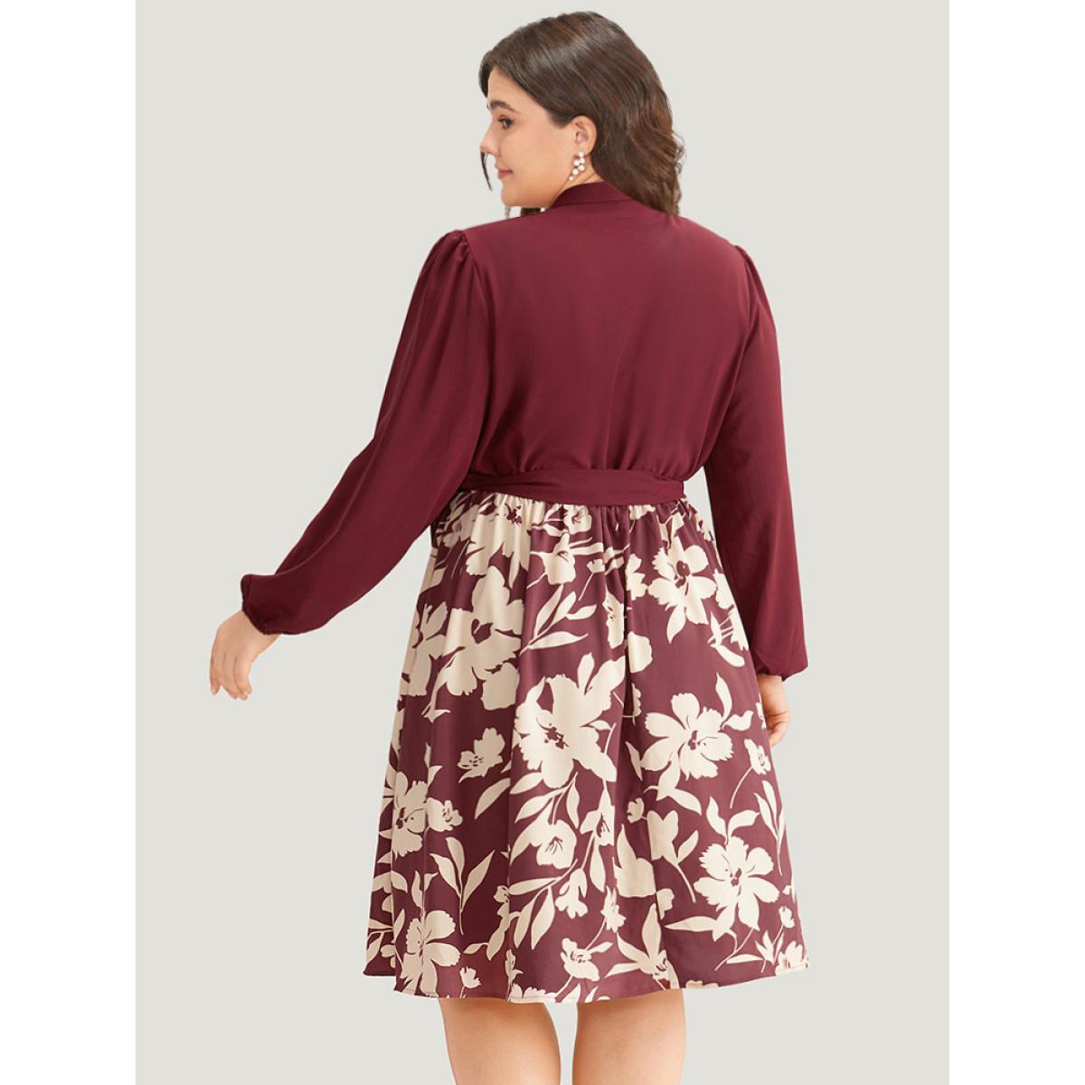 Plus Size Silhouette Floral Print Belted Pleated Dress Scarlet Women Office Elastic cuffs Notched collar Long Sleeve Curvy Knee Dress BloomChic 14-16/1X Product Image