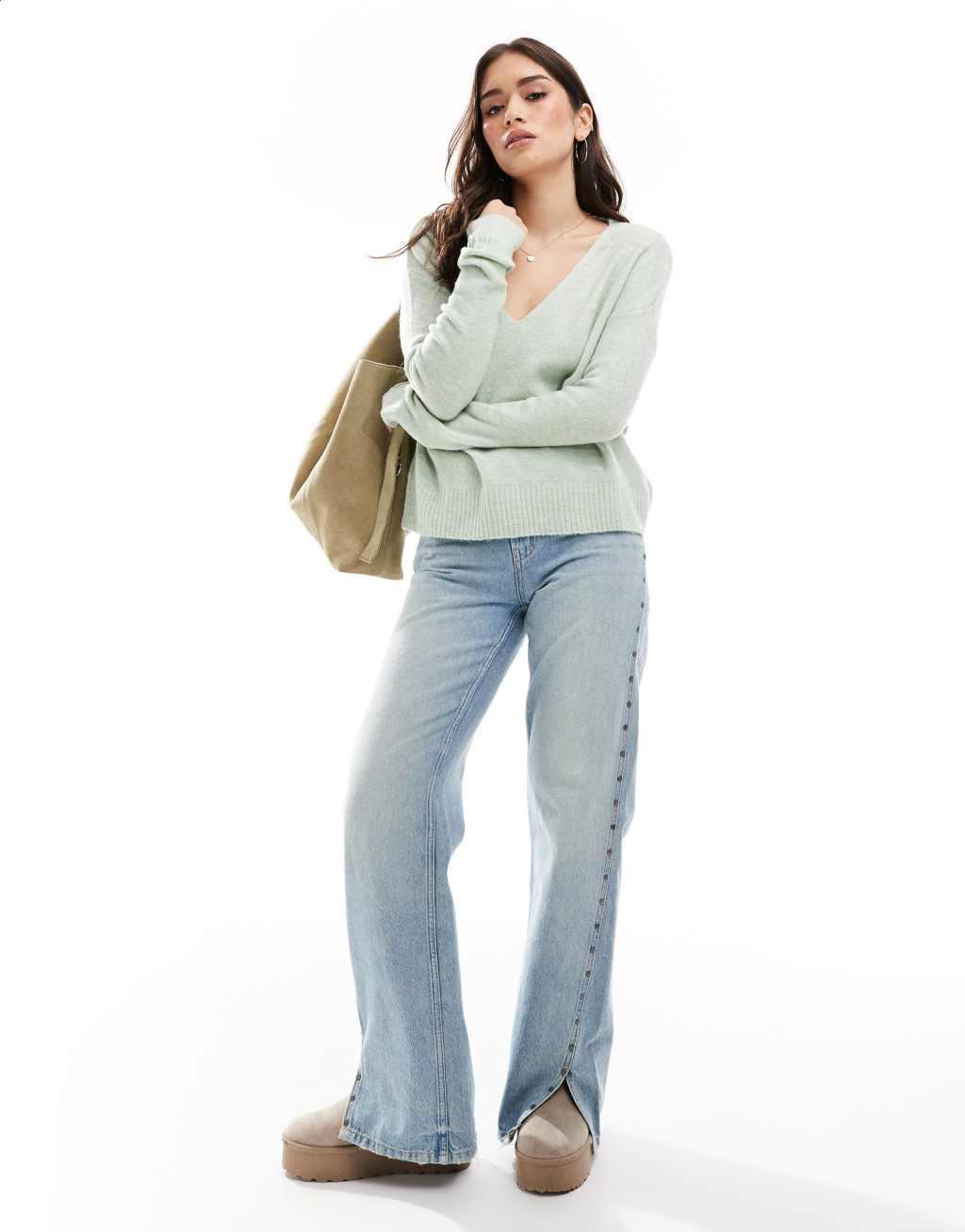 JDY v neck long sleeve knit sweater in light green Product Image