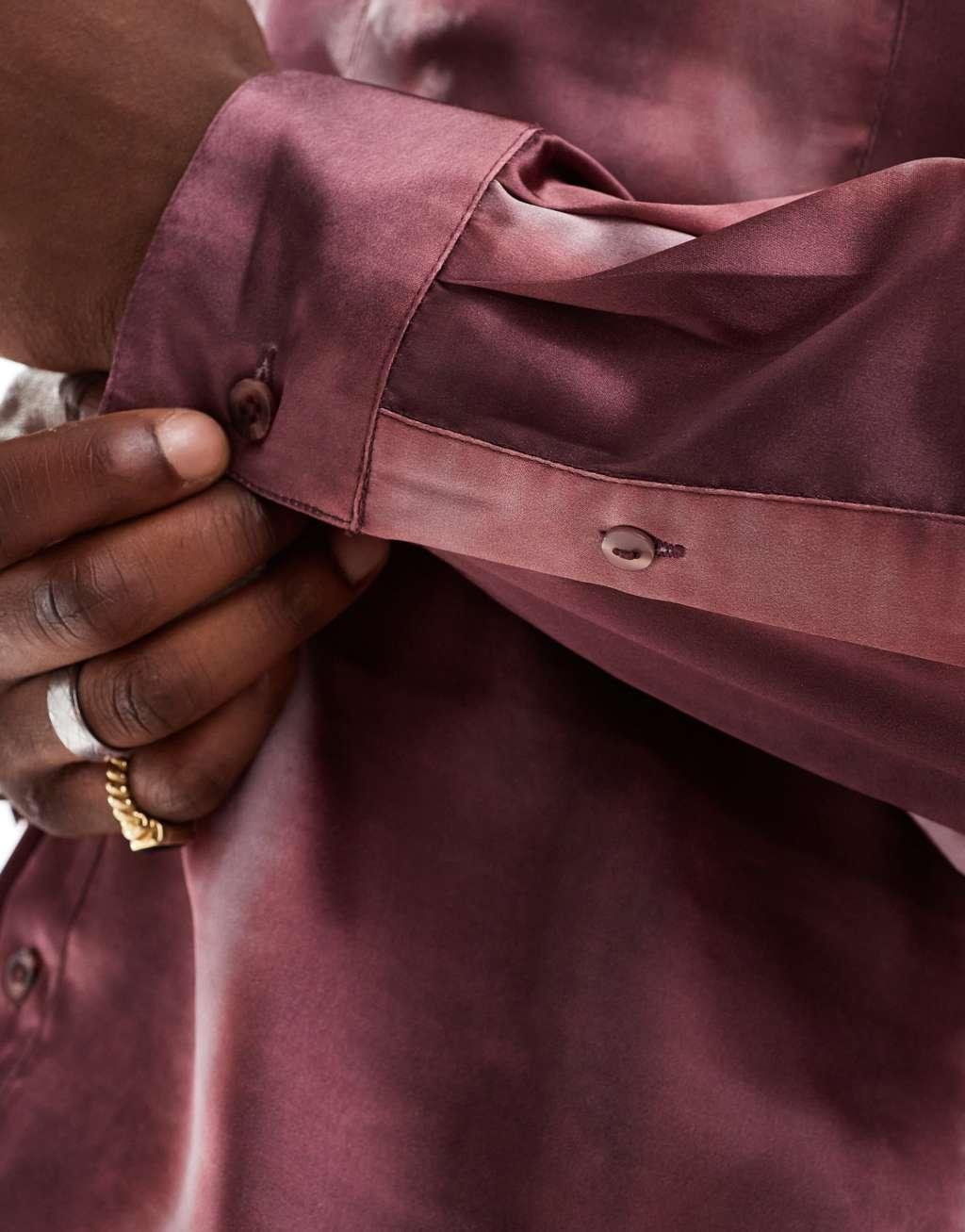 Reclaimed Vintage oversized satin shirt in burgundy tie dye Product Image