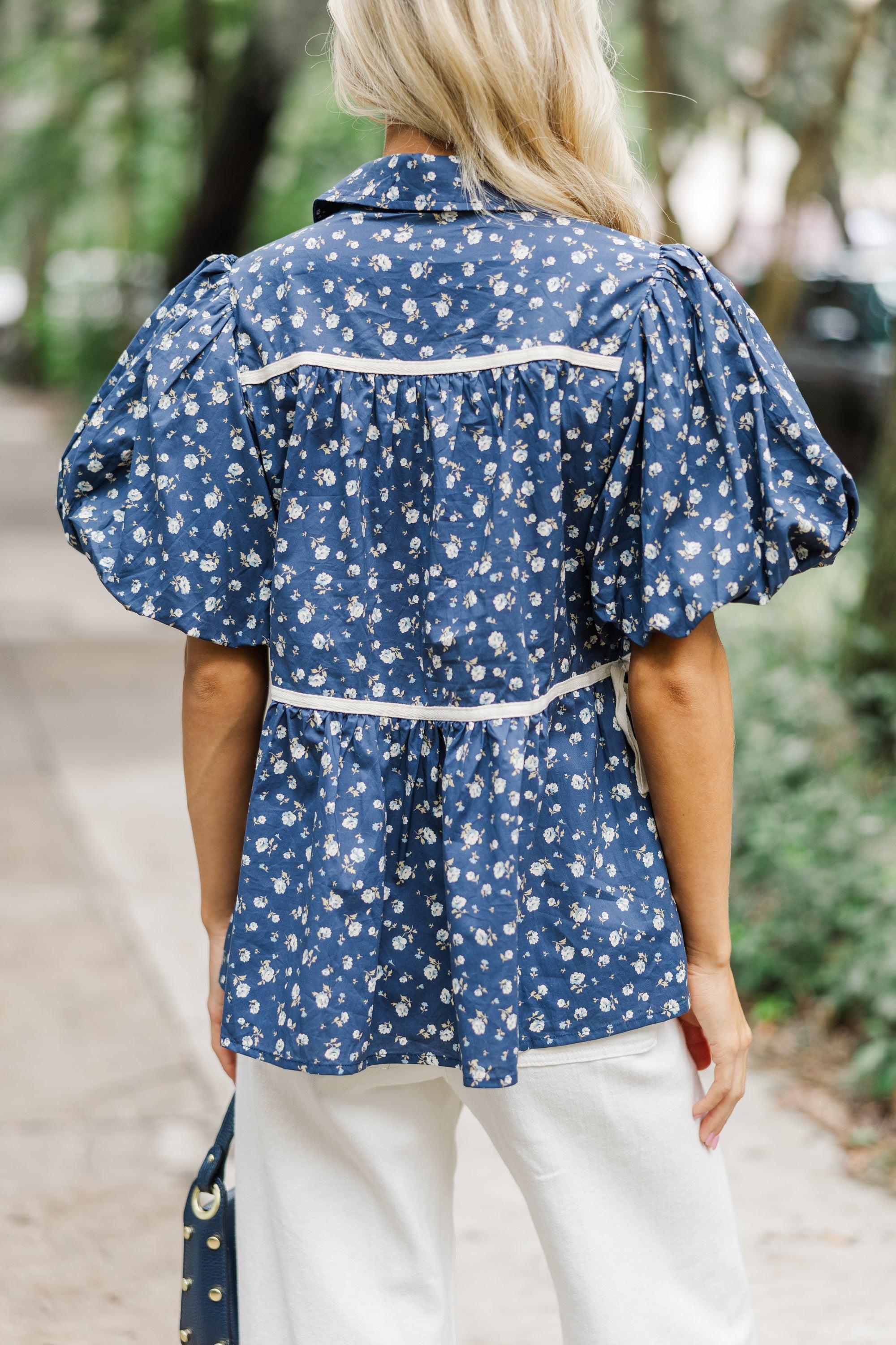 Know Your Worth Navy Blue Ditsy Floral Blouse Female Product Image