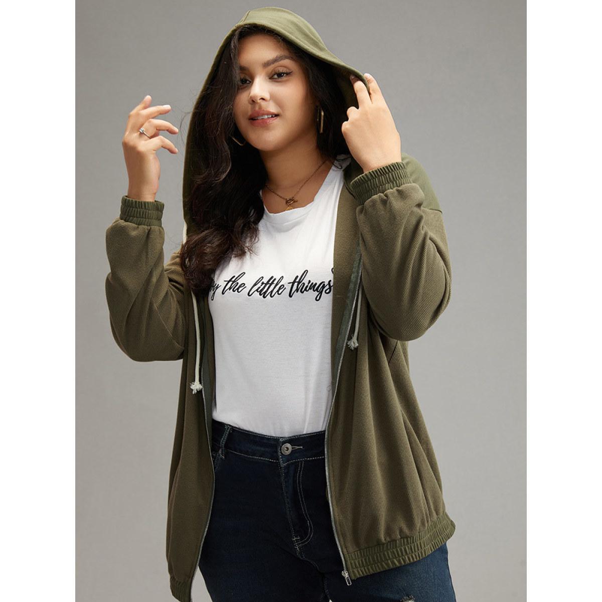 Plus Size Waffle Knit Hooded Drawstring Sweatshirt Women ArmyGreen Casual Plain Loose Hooded Dailywear Sweatshirts BloomChic 26/4X Product Image