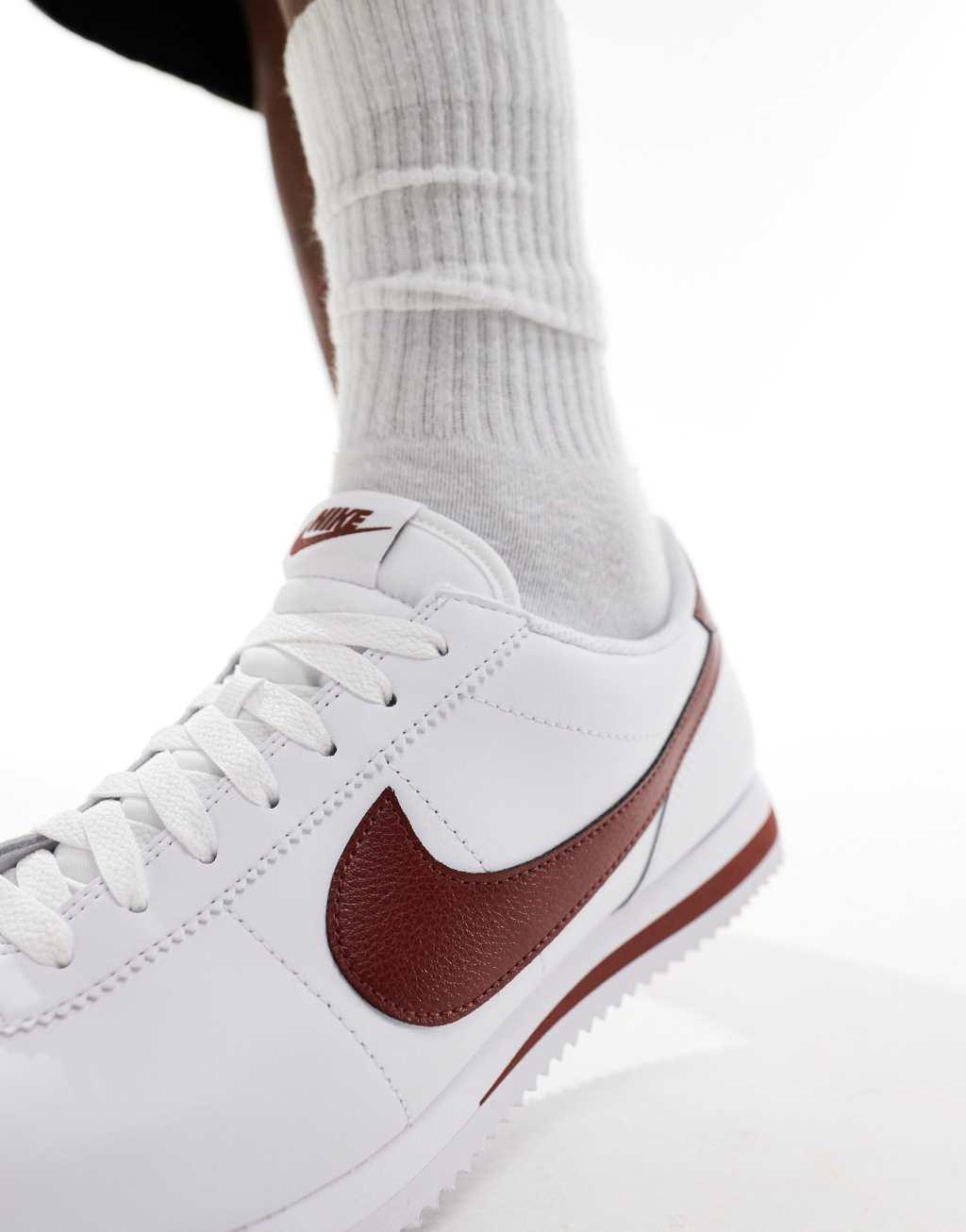 Nike Cortez leather sneakers in white and burgundy Product Image