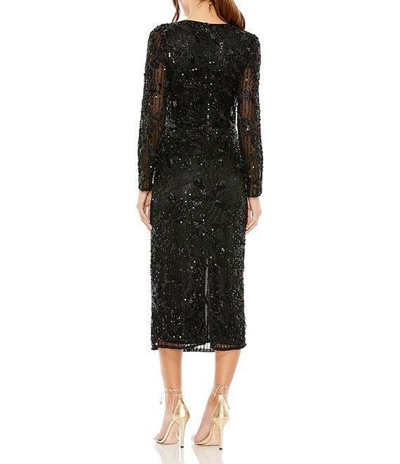Mac Duggal Long Sleeve Crew Neck Embellished Midi Dress Product Image