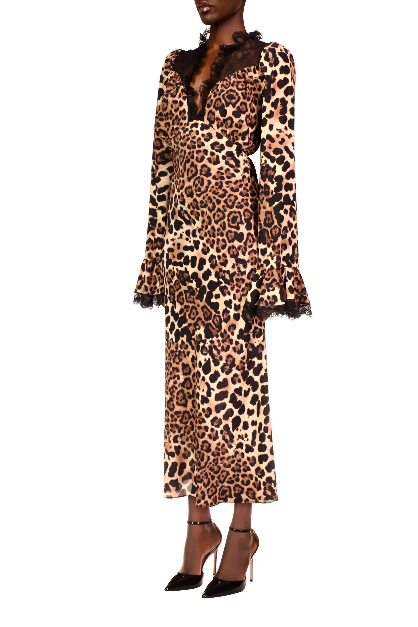 Leopard Printed Silk Bias Dress With Bell Sleeves Product Image
