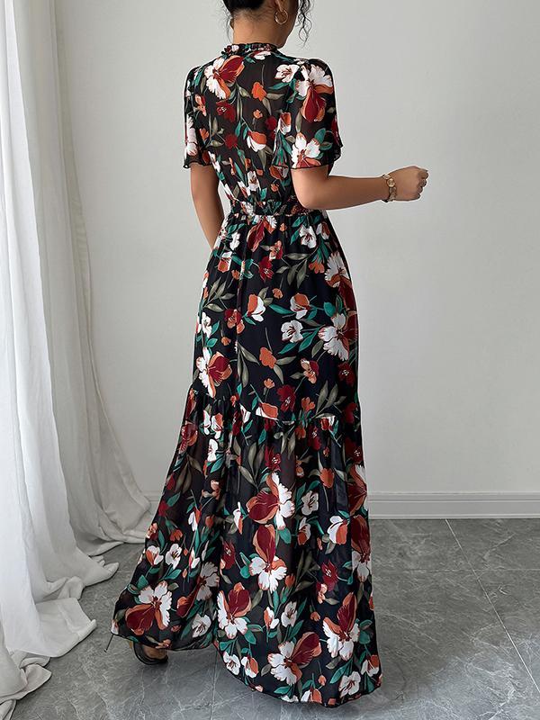A-Line Loose Contrast Color Elasticity Flower Print Pleated V-Neck Maxi Dresses Product Image