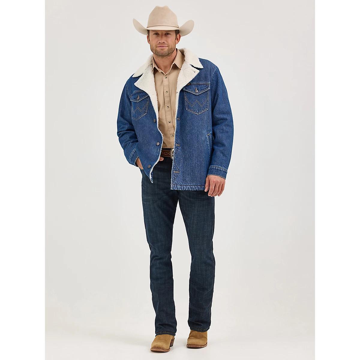 Men's Western Sherpa Lined Denim Wrange Jacket in Medium Wash Product Image