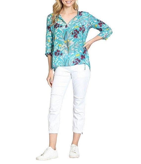 APNY Woven Floral Print V-Neck 3/4 Sleeve Tassel Tie Blouse Product Image