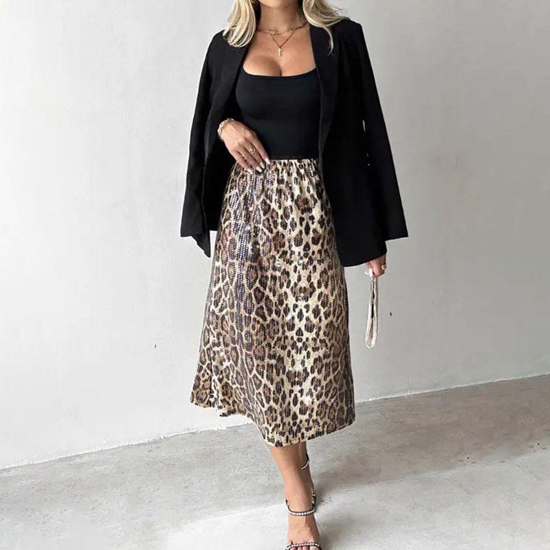 High Waist Leopard Print Sequin Midi Pencil Skirt Product Image