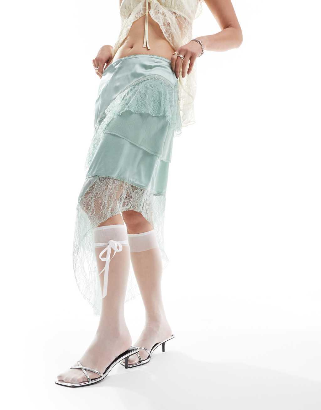 Reclaimed Vintage limited edition midi slip skirt with lace and frill details in mint green Product Image