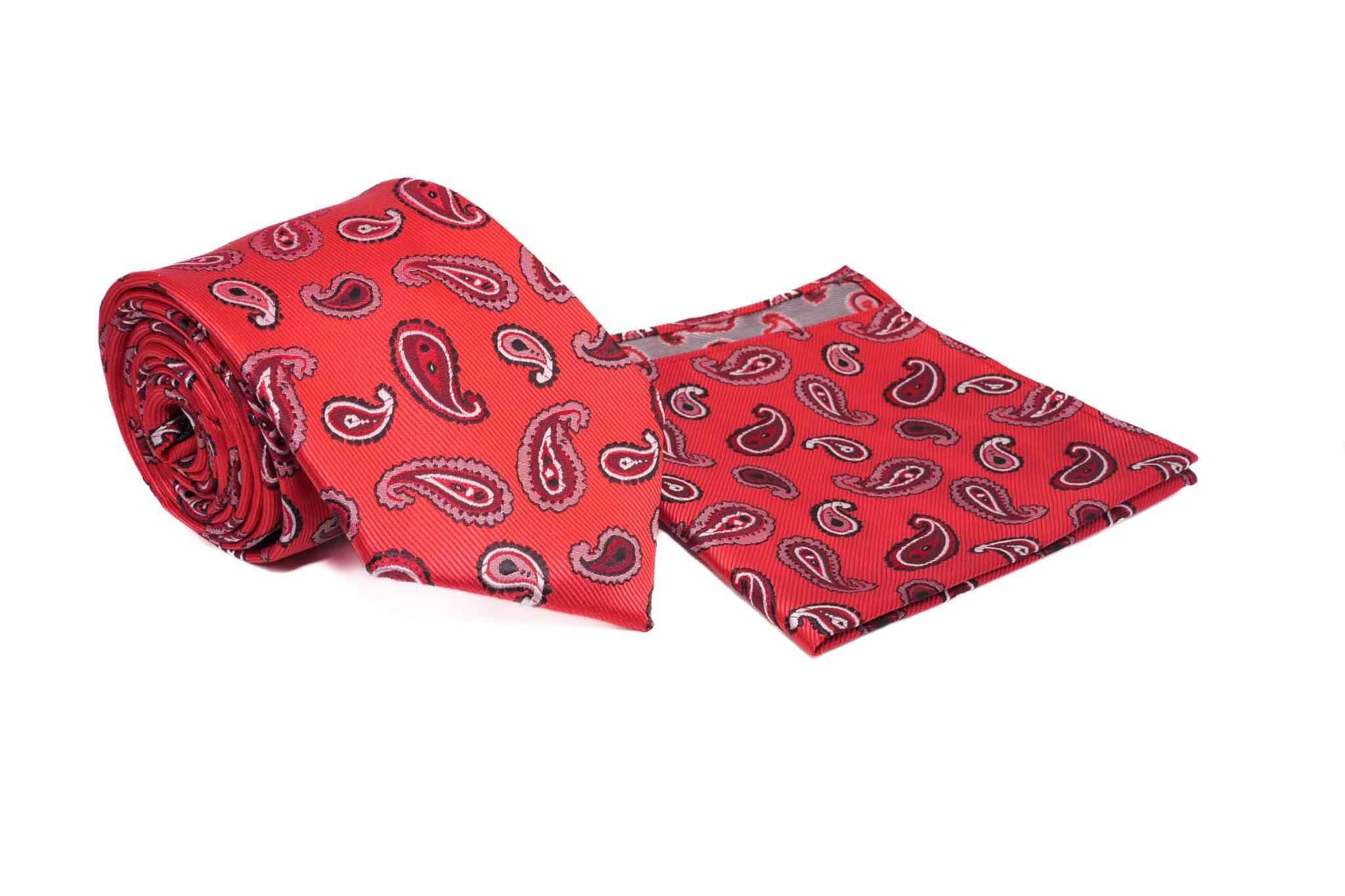 Red White Paisley Pattern Men's Tie and Pocket Square Set Male Product Image