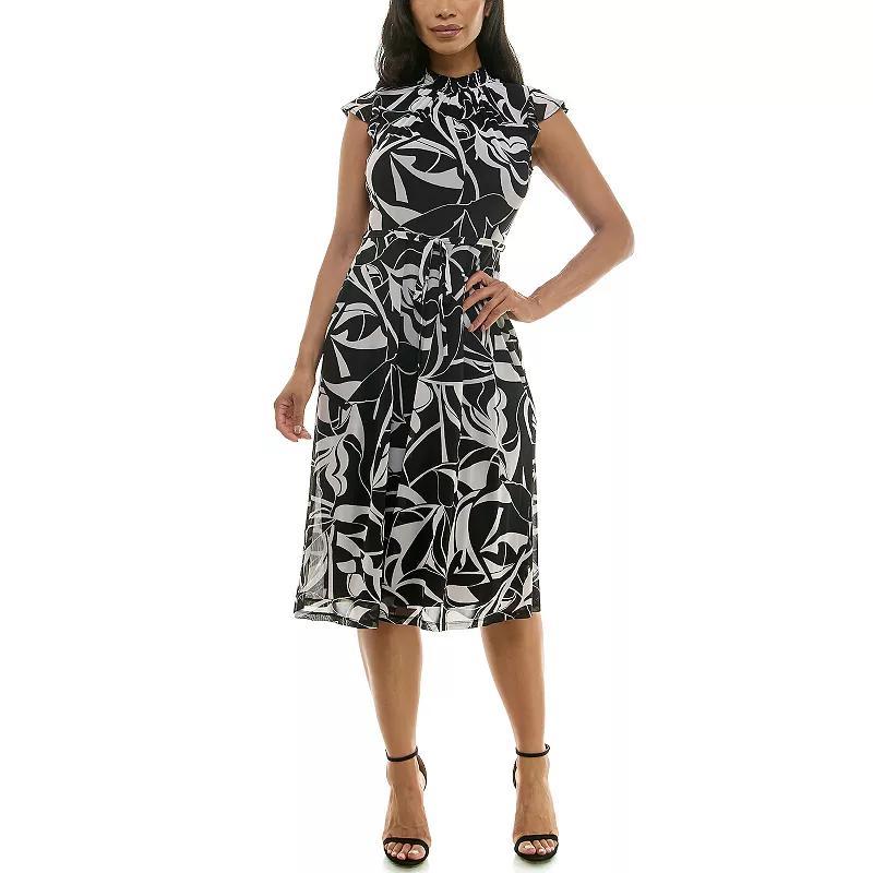 Women's Nina Leonard Smocked Flutter Sleeve Print Dress, Size: Small, Black White Product Image