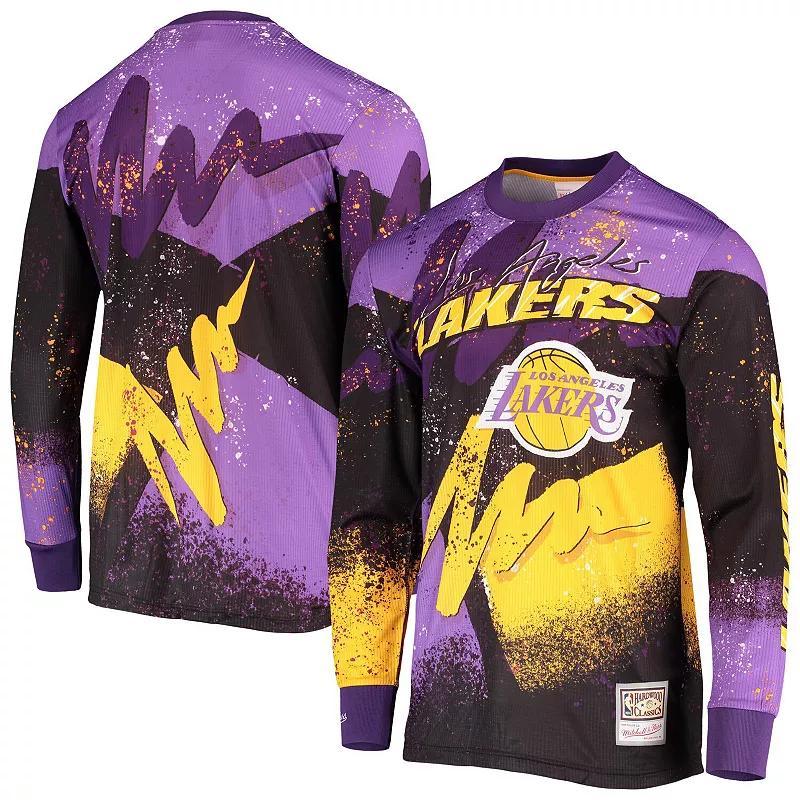 Men's Mitchell & Ness Purple Los Angeles Lakers Hardwood Classics Hyper Hoops Moto Sublimated Long Sleeve T-Shirt,  Product Image