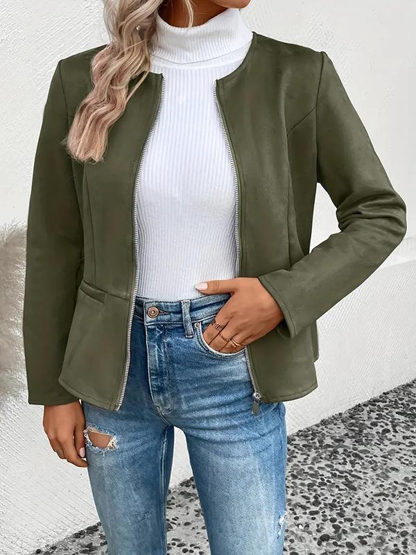 Long Sleeves Loose Pockets Solid Color Split-Joint Zipper Round-Neck Jackets Outerwear Product Image