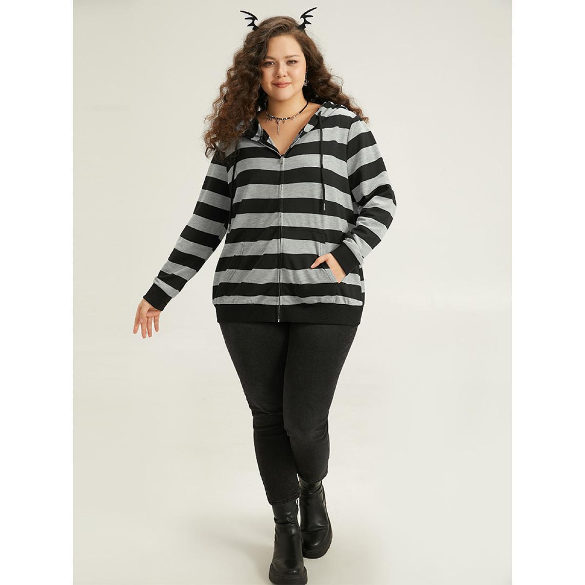 Plus Size Striped Hooded Pocket Zipper Sweatshirt Women Black Casual Elastic cuffs Hooded Festival-Halloween Sweatshirts BloomChic 22-24/3X Product Image