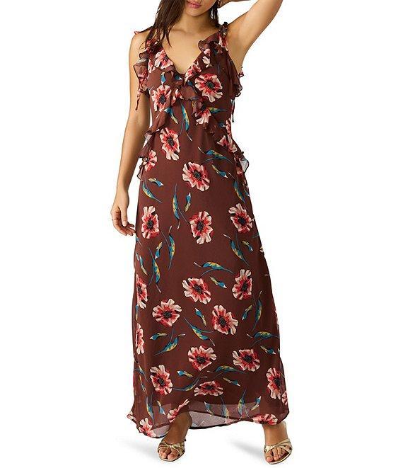 Steve Madden Adalina Floral Print Textured Chiffon V-Neck Ruffle Maxi Dress Product Image