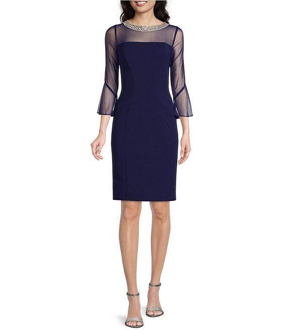 Alex Evenings Illusion 3/4 Mesh Bell Sleeve Boat Neck Crepe Sheath Dress Product Image