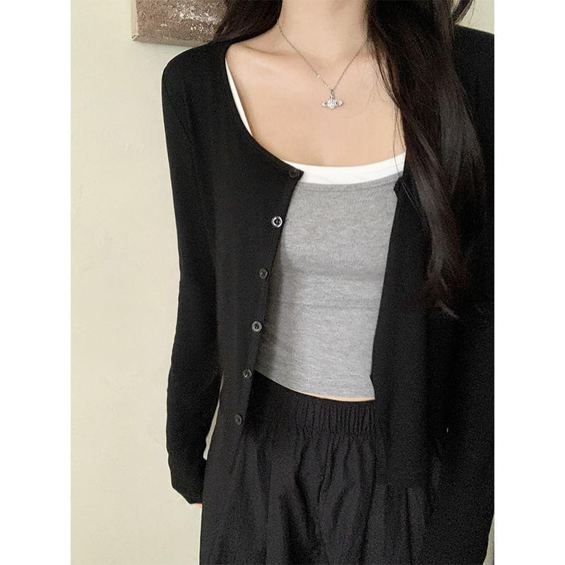 Long Sleeve Plain Slim-Fit Crop Lightweight Cardigan Product Image